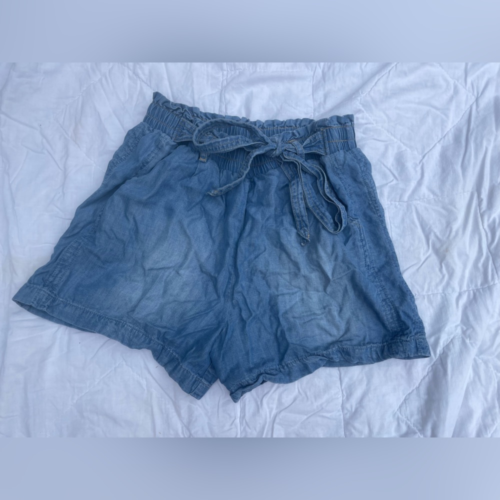 women’s paper bag denim tie front shorts